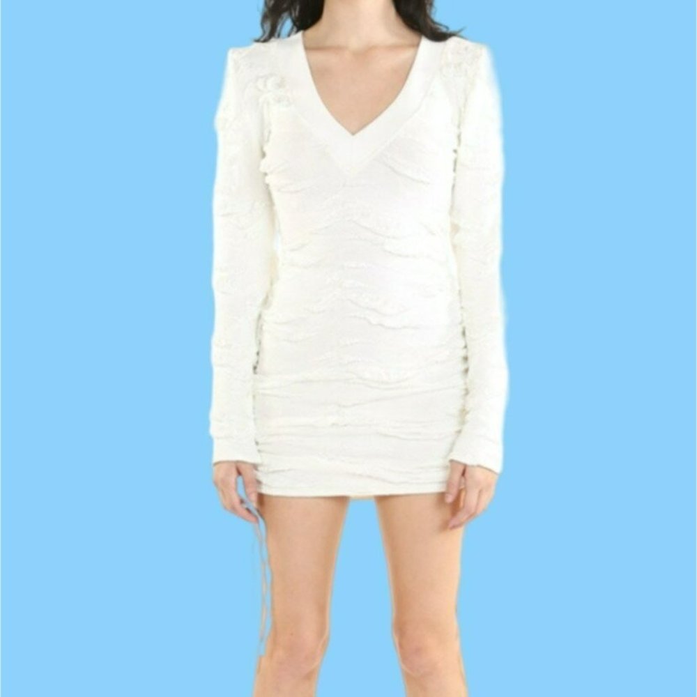 Beulah Style V-Neck Long Sleeve Textured Mini Dress Ivory White Size Large NWT
